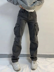 Washed Mid Waist Pocket Cargo Jeans