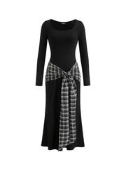 Plaid Knotted Scoop Neckline Long Sleeve Maxi Dress