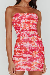 Logan Strapless Ruched Dress Floral Pink/Orange