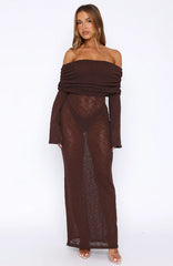 Made It Out Long Sleeve Boucle Maxi Dress Chocolate