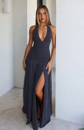Sweet Temptation Halter Maxi Dress Black/ White Polka Dot