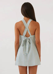 Keira Linen Micro Mini Dress - Blue Choc Stripe