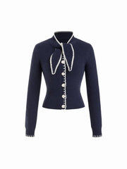 Knit Stand Collar Bowknot Contrasting Binding Long Sleeve Cardigan
