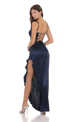 Satin Ruffle Maxi Dress in Navy 2