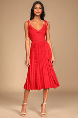Never a Dull Moment Bright Red Tie-Strap Pleated Midi Dress