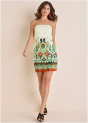 Poplin Strapless Mini Dress Seti Olive Ikat