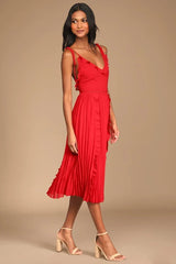 Never a Dull Moment Bright Red Tie-Strap Pleated Midi Dress