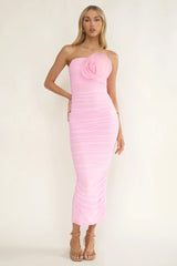 She Just Knows Ruched Flower Bust Maxi Dress Pink