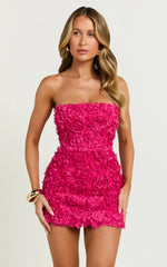 Strapless 3D Floral Lace Up Back Dress in Pink