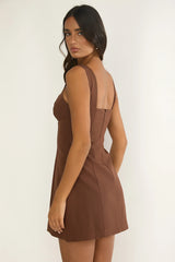 Saryna Square Neckline Mini Dress Coffee