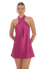 Satin Cross Halter Dress In Magenta