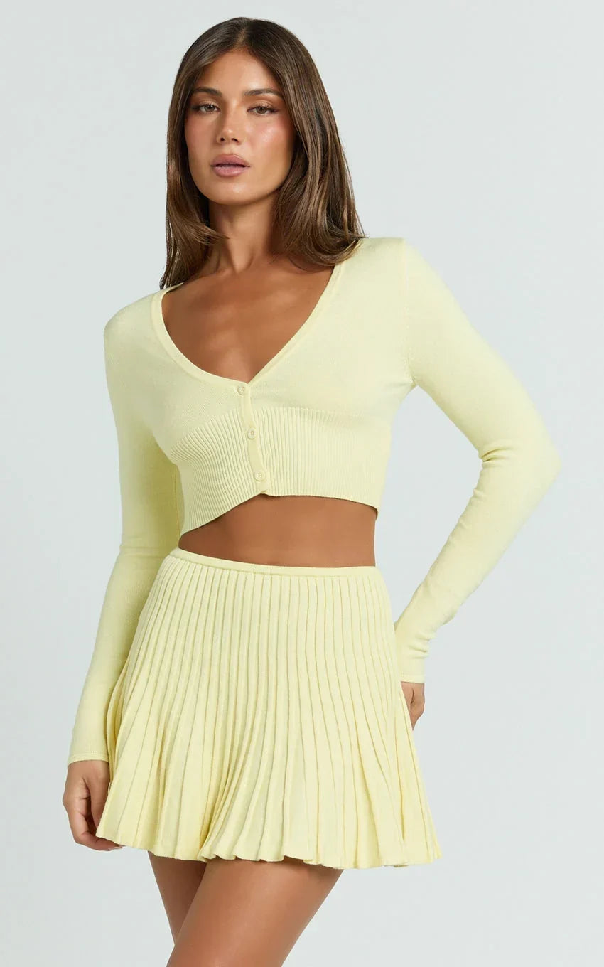 Naomi Two Piece Set - Contrast Knit Button Up Long Sleeve And Pleated Mini Skirt in Lemon
