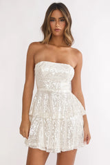 Provence Bloom Tiered Sequin Mini Dress White