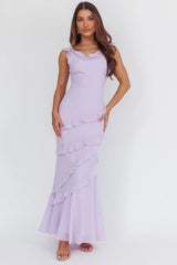 Sangria Cowl Neck Frill Maxi Dress Lilac